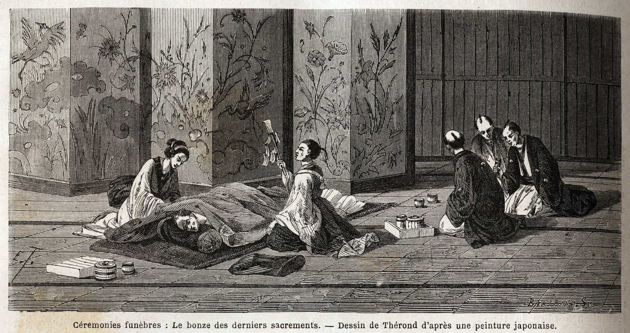 Beerdigungszeremonien: der Mönch der letzten Sakramente. Gravur zur Illustration der Reise nach Japan in den Jahren 1863-1864 von Aime Humbert, Minister der Schweizerischen Eidgenossenschaft, in „Le tour du monde, nouveau journal des voyages“, veröffentlic von Unknown artist