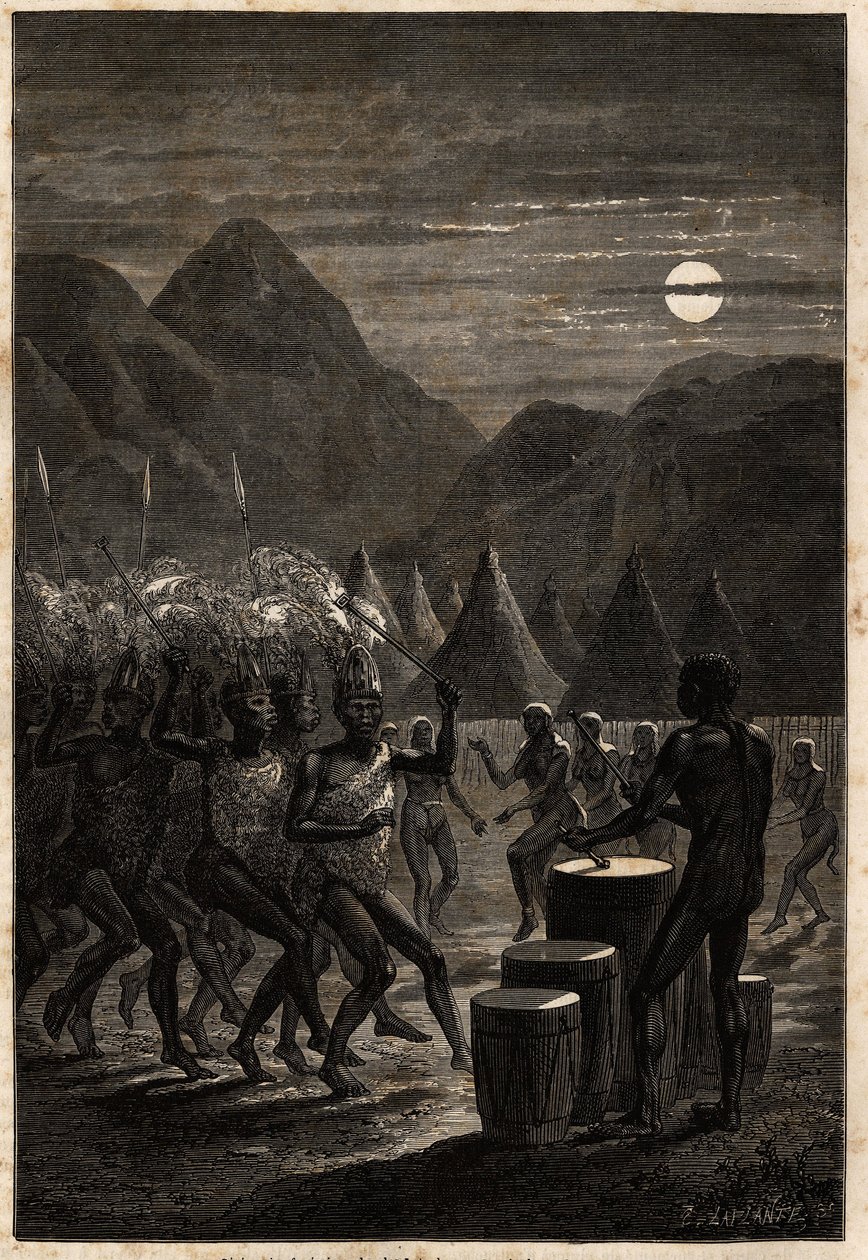 Beerdigungszeremonie bei den Lakutas (Stamm im Oberen Nilgebiet), Trommeln und rituelle Tänze im Mondlicht. Illustration der Reise zum Albertsee, 1861-1864, von Sir Samuel White Baker, in "Le tour du monde, nouveau journal des voyages" von Unknown artist