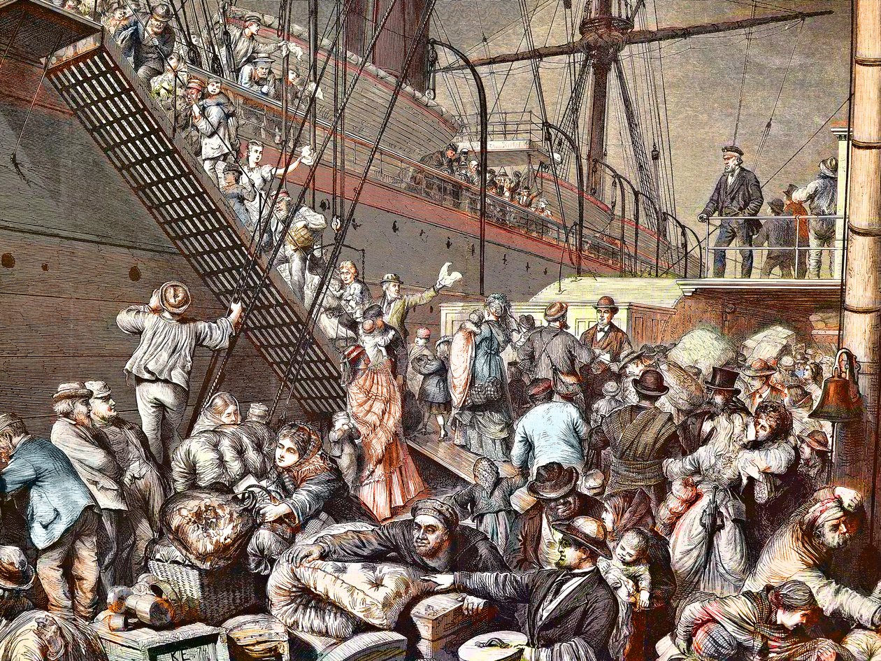 Deutsche Auswanderer nach New York, die 1874 auf einem Hamburger Dampfer einschiffen, Gravur - (Deutsche Emigranten) von Unknown artist