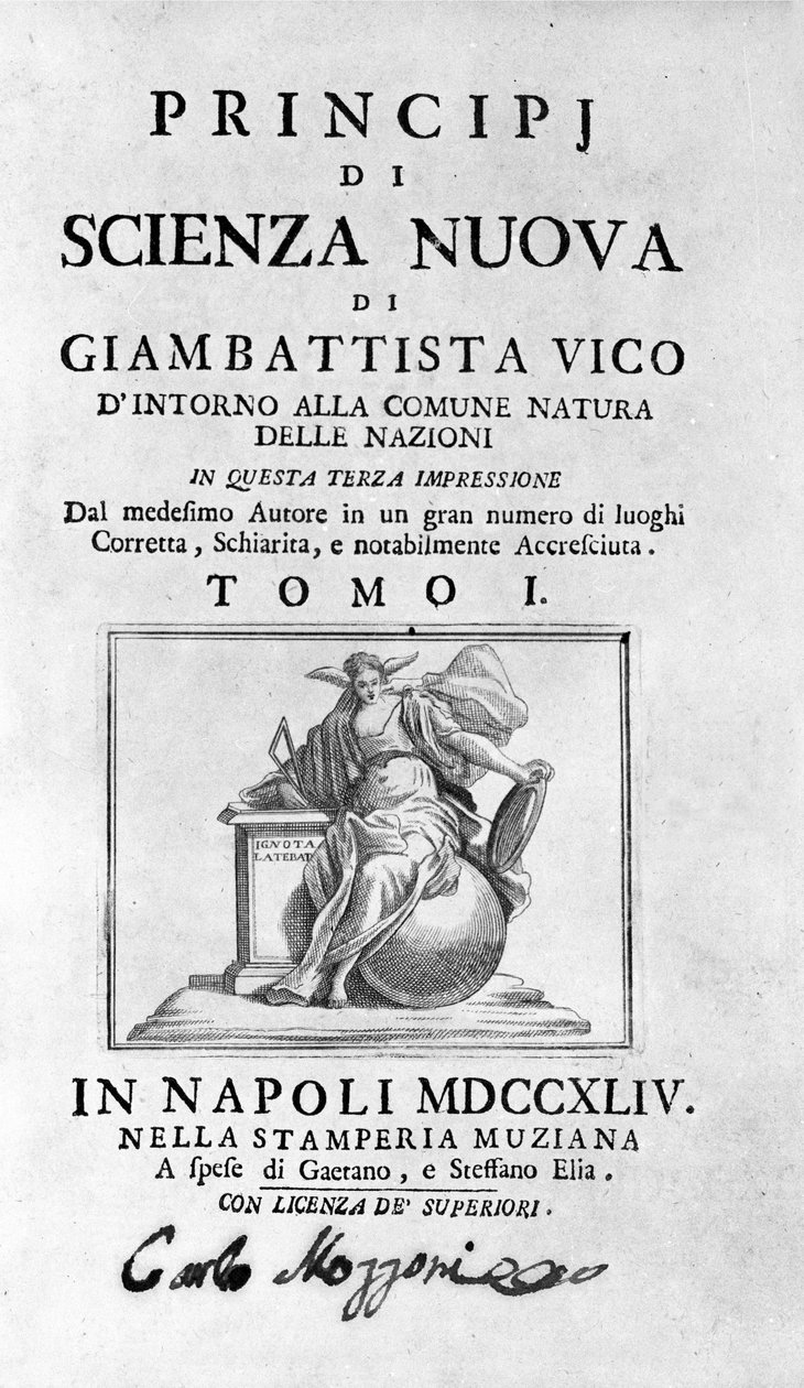 Giambattista Vico. Auch genannt Giovanni, Gian Battista, Jean Baptiste oder Jean-Baptiste. Frontispiz von „La Scienza Nuova“ von Unknown artist