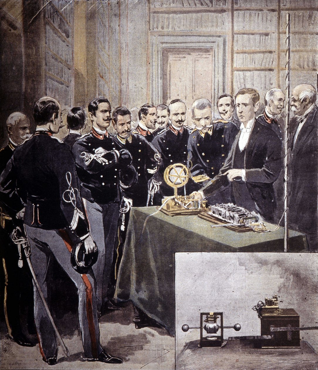 Guglielmo Marconi präsentierte den drahtlosen Telegraphen (TSF) auf einer Konferenz im Marineministerium 1897 von Unknown artist