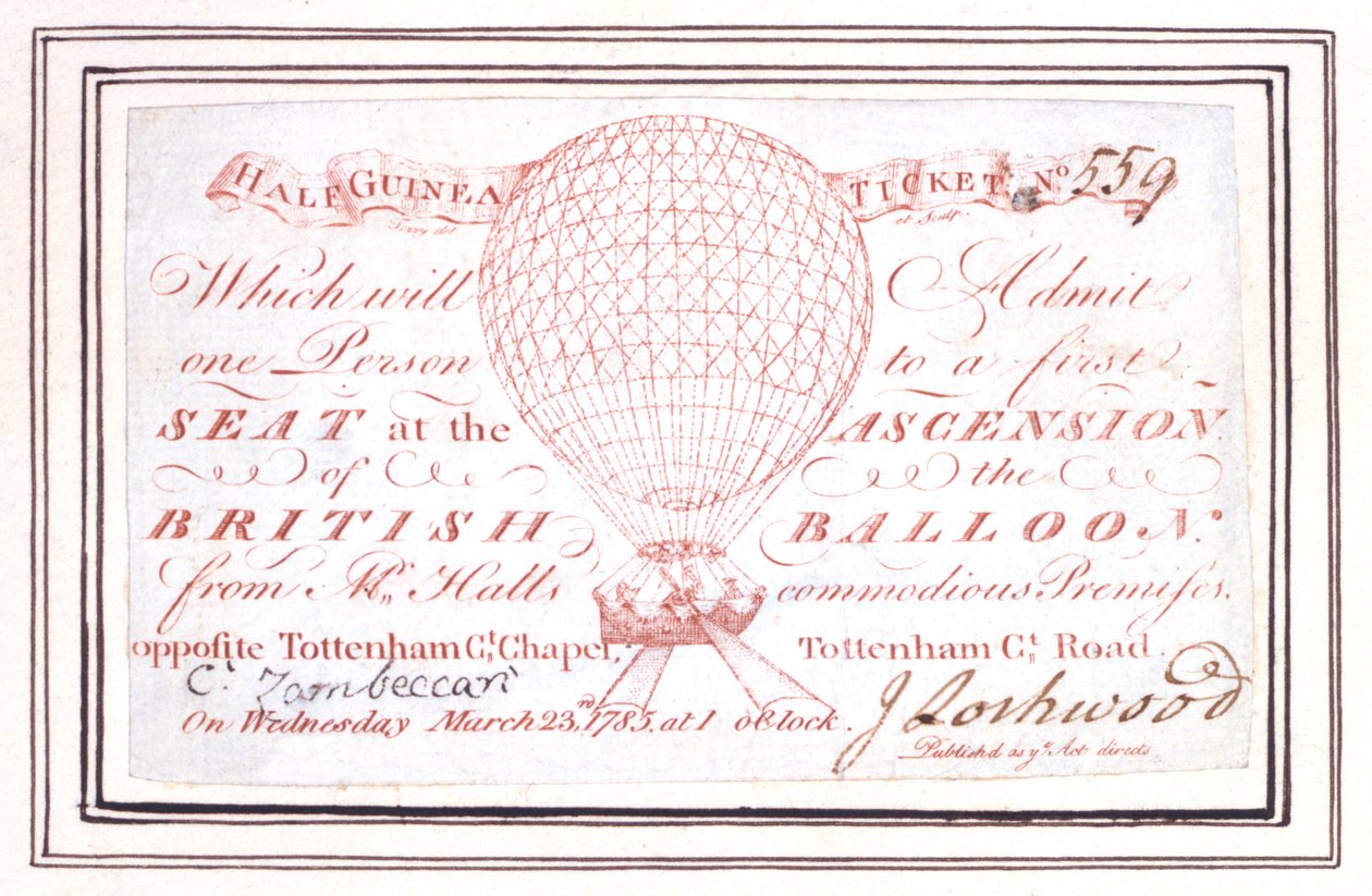 Halb-Guinea-Ticket für Ballonaufstieg am Tottenham Court Road, London, 23. März 1785 von Unknown artist
