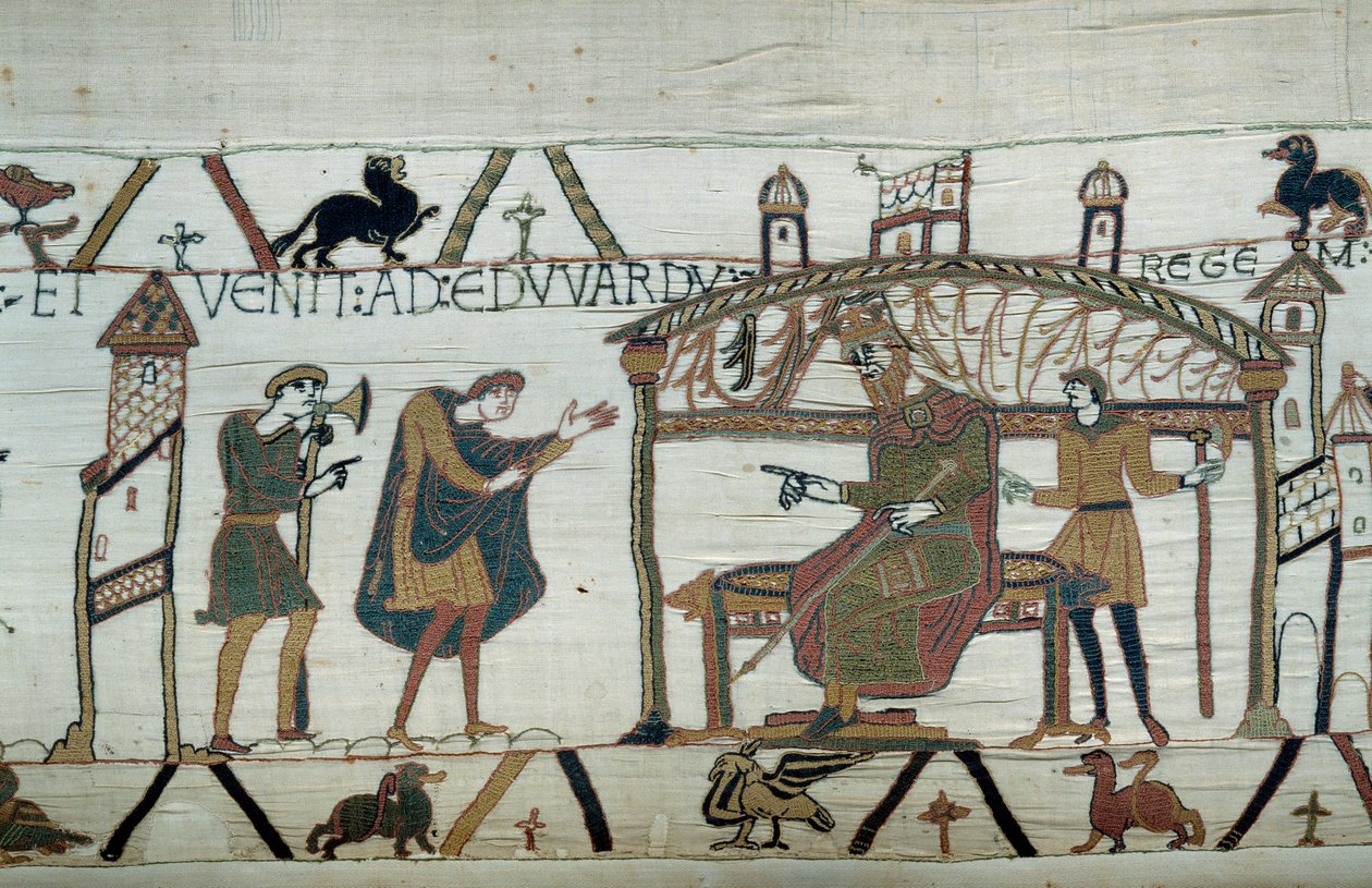 Harold, der nach England zurückkehrte, nach seiner Gesandtschaft beim Herzog Wilhelm dem Eroberer (1027-1087), erzählte seine Reise König Edward dem Bekenner (Detail) von Unknown artist