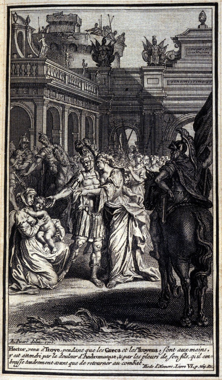 Hektor, der nach Troja kam, während die Griechen und Trojaner in ihren Händen waren, wurde von der Trauer Andromaches und dem Weinen seines Sohnes, den er zärtlich küsste, bevor er in die Schlacht zurückkehrte, betrübt. Illustration aus Buch VI der Ilias v von Unknown artist