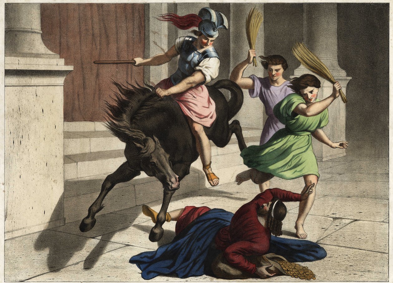 Heliodore (Heliodoros) wurde aus dem Tempel vertrieben: auf Befehl seines Herrschers versuchte er erfolglos, die Schätze des Tempels von Jerusalem zu ergreifen. Anonyme Gravur aus der Mitte des 19. Jahrhunderts. von Unknown artist