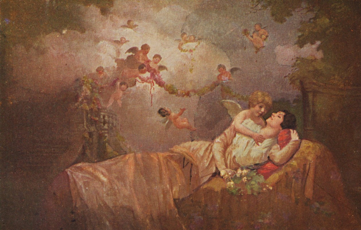 Historische Grußkarte mit Engeln, die einer Frau Glück bringen, kitschig-romantisch von Unknown artist