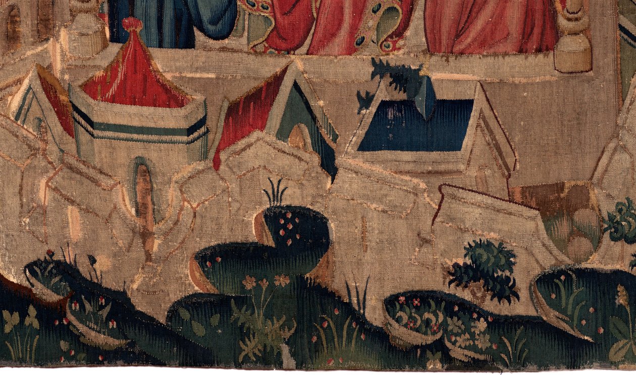 Geschichte von Saint Piat und Saint Eleuthère, Szene 9 Saint-Éleuthère wird als Bischof von Tournai bestätigt. Detail unten. Die Stadtbefestigungswände, Häuser. von Unknown artist