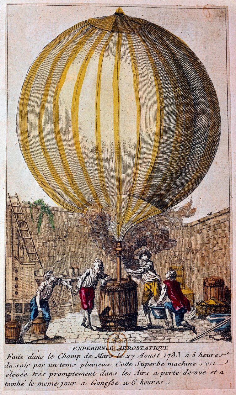 Geschichte der Ballons: Aerostatische Erfahrung auf dem Champ de Mars in Paris am 27.08.1783 von Unknown artist