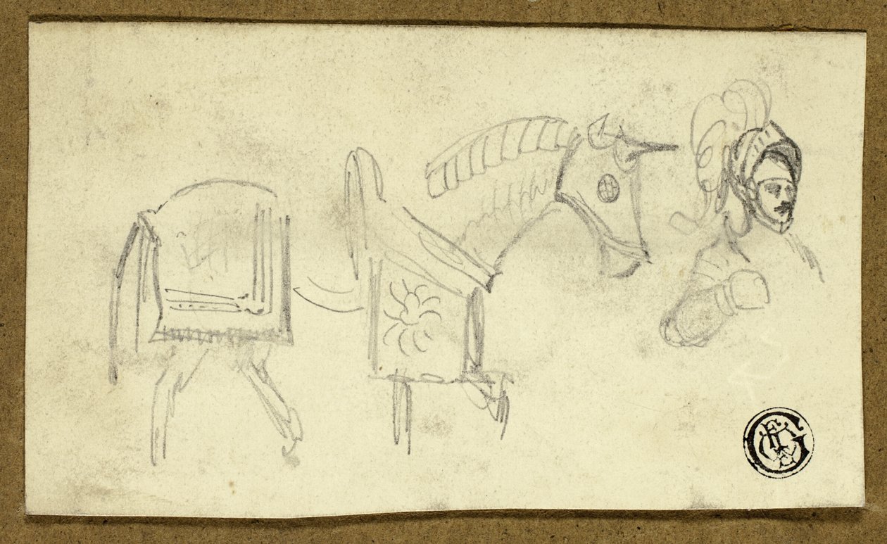 Pferd und Mann in Rüstung von Unknown artist
