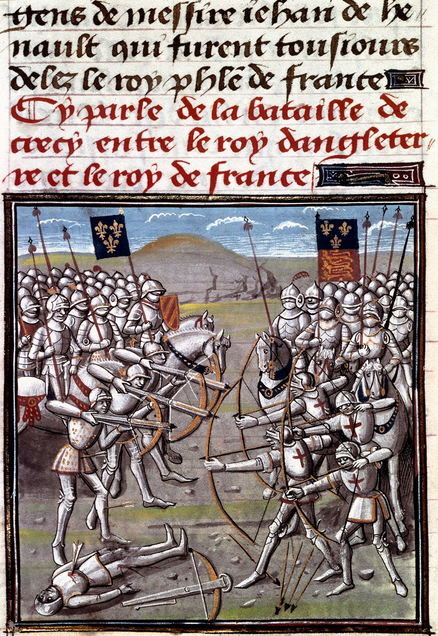Hundertjähriger Krieg: Die Schlacht von Crécy am 26.08.1346 zwischen den Franzosen und den Engländern. Miniatur aus den Chroniken von Jean Froissart (1337-1400) von Unknown artist