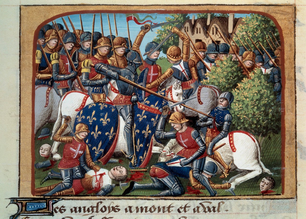 Hundertjähriger Krieg: die Schlacht von Formigny (Calvados) am 15.04.1450 zwischen der englischen Armee von Thomas Kyriell und Jean de Clermont. Miniatur aus dem Manuskript Vigiles du roi Charles VII in den Chroniken von Jean Chartier, herausgegeben von Ma von Unknown artist