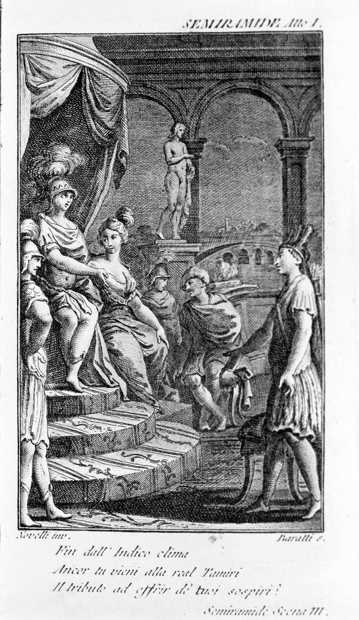 Illustration der Oper Sémiramis von Antonio Salieri (1750 - 1825). Libretto von Pierre Metastase (oder Pietro Metastasio). Akt I, Szene III von Unknown artist