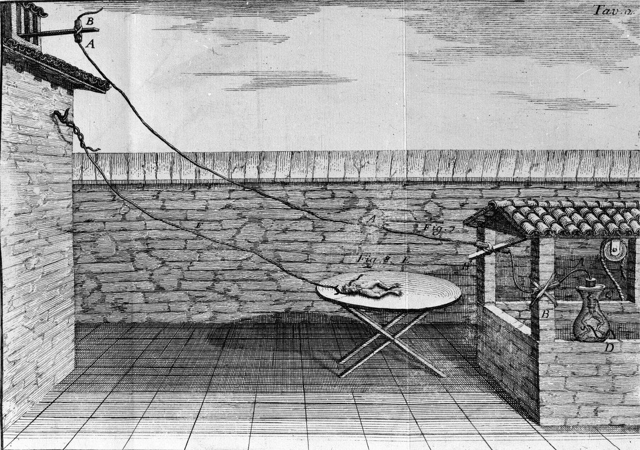 Illustration von Experimenten von Luigi Galvani, italienischer Physiker und Arzt (1737 - 1798), die den Durchgang von elektrischem Strom zeigen, der die Beine eines Frosches bewegt. von Unknown artist