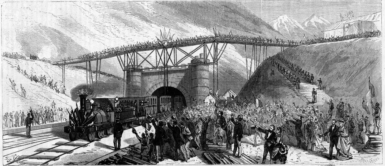 Einweihung des Mont-Cenis-Tunnels (Monte Cenisio) im Jahr 1871. Ankunft des Zuges in Bardonecchia von Unknown artist