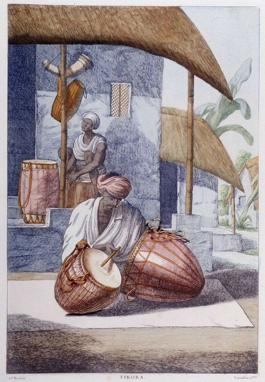 Indische Kultur, Zivilisation und Gesellschaft: Musiker mit traditionellem indischen Schlaginstrument (Tikora). Gravur von 1808. von Unknown artist