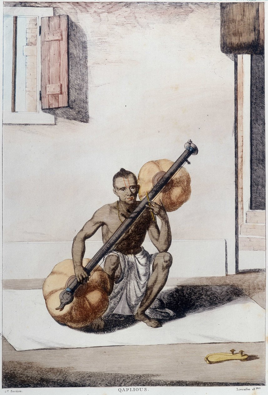 Indische Kultur, Zivilisation und Gesellschaft: Musiker mit traditionellem indischen Saiteninstrument. Gravur von 1808 von Unknown artist