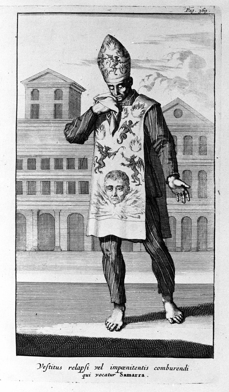Inquisition. Das Gewand von Samarra, das die Büßer trugen. Gravur aus der Geschichte der Inquisition, Amsterdam 1692. von Unknown artist