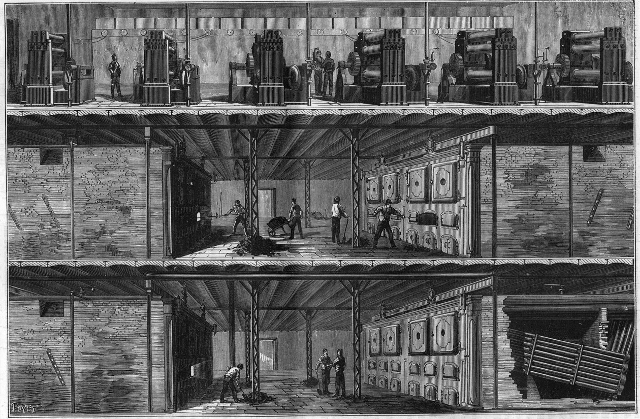 Installation von Kesseln und Dampfdynamos im Central Electricite Distribution Station (Edison System) in New York im Jahr 1884. von Unknown artist