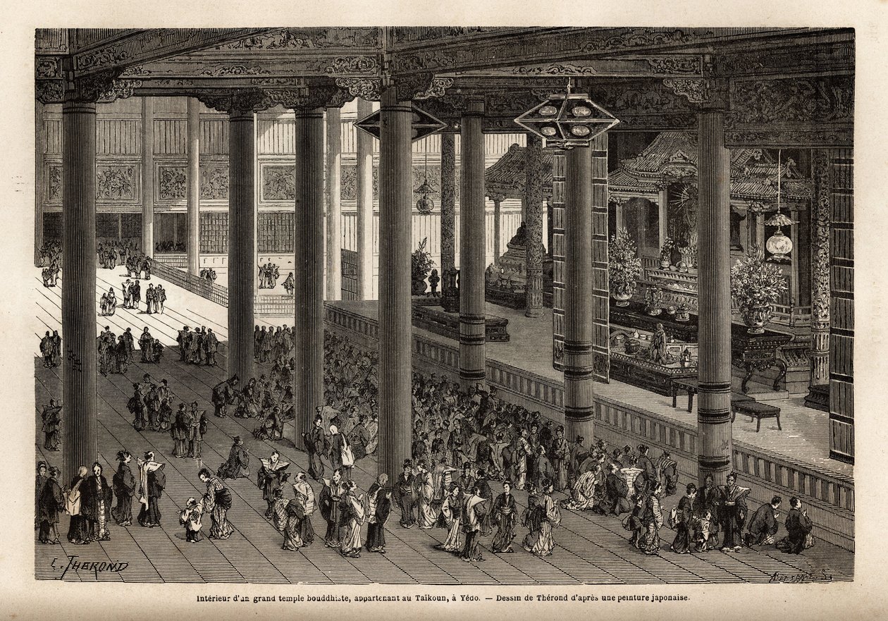 Innenansicht eines großen buddhistischen Tempels, der dem Taikoun (weltlicher Herrscher Japans) in Yedo (oder Edo, kaiserliche Hauptstadt, heutiges Tokio) gehört. Gravur zur Illustration der Reise nach Japan, 1863-1864, von Aimé Humbert, Minister der Schwe von Unknown artist