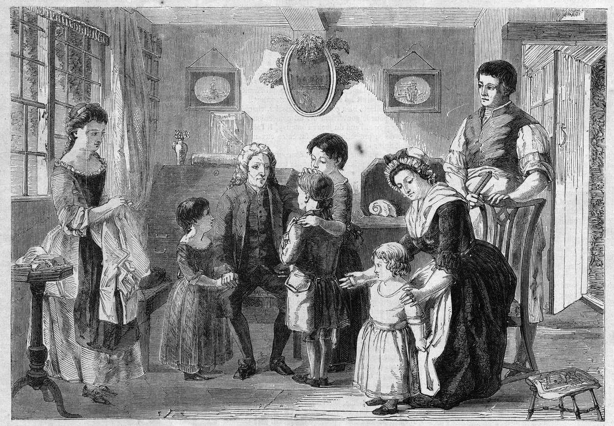 Isaac Watts (1674-1748) englischer Theologe und Pädagoge, Komponist von Hymnen und geistlichen Liedern für Kinder. Nach Ranckleys Gemälde "Doctor Watt besucht seine Freunde". Gravur in "The Illustrious Universe" von Unknown artist