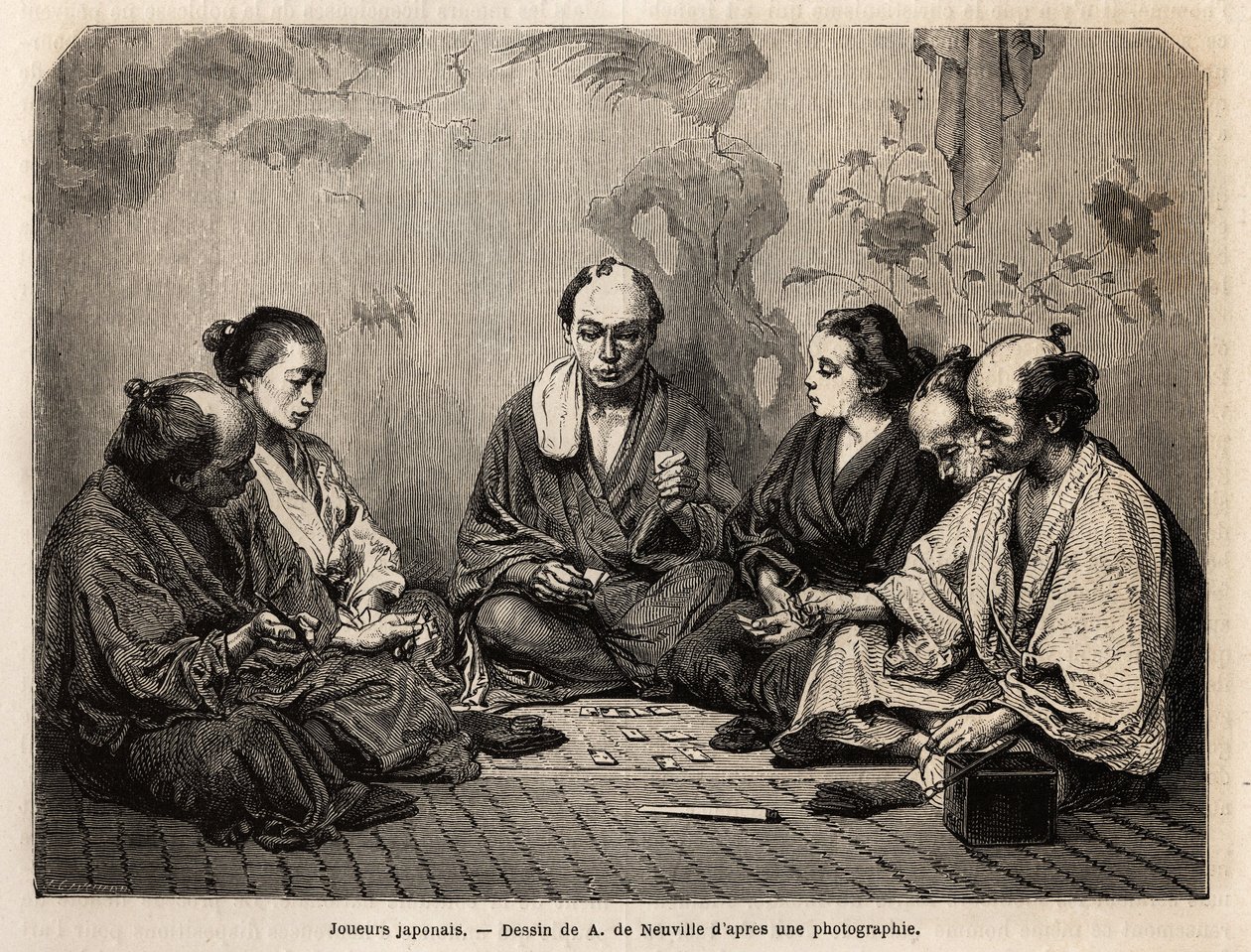 Japanische Spieler mitten im Kartenspiel. Gravur zur Illustration Japans, Reisebericht von Aimé Humbert, Minister der Schweizerischen Eidgenossenschaft, 1863-1864, veröffentlicht in „Le tour du monde, nouveau journal des voyages“, unter der Leitung von Edo von Unknown artist