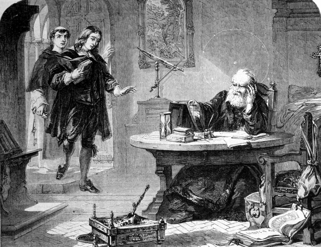 John Milton, englischer Dichter und Essayist (1608 - 1674) besuchte Galileo Galilei (1564 - 1642) in seiner Zelle der Inquisition von Florenz. Gravur. Um 1860 von Unknown artist
