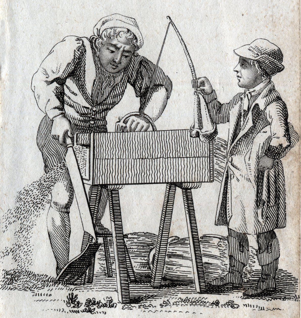 Tischler und Lehrling. Gravur Ende des 18. Jahrhunderts. Private Sammlung von Unknown artist