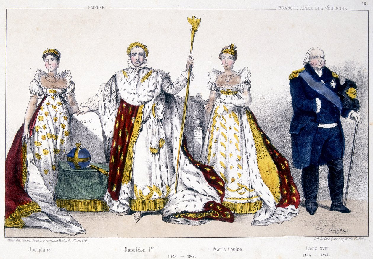 Joséphine, Napoleon I., Marie Louise und Louis XVIII - in „La Monarchie française en estampes“ von Unknown artist