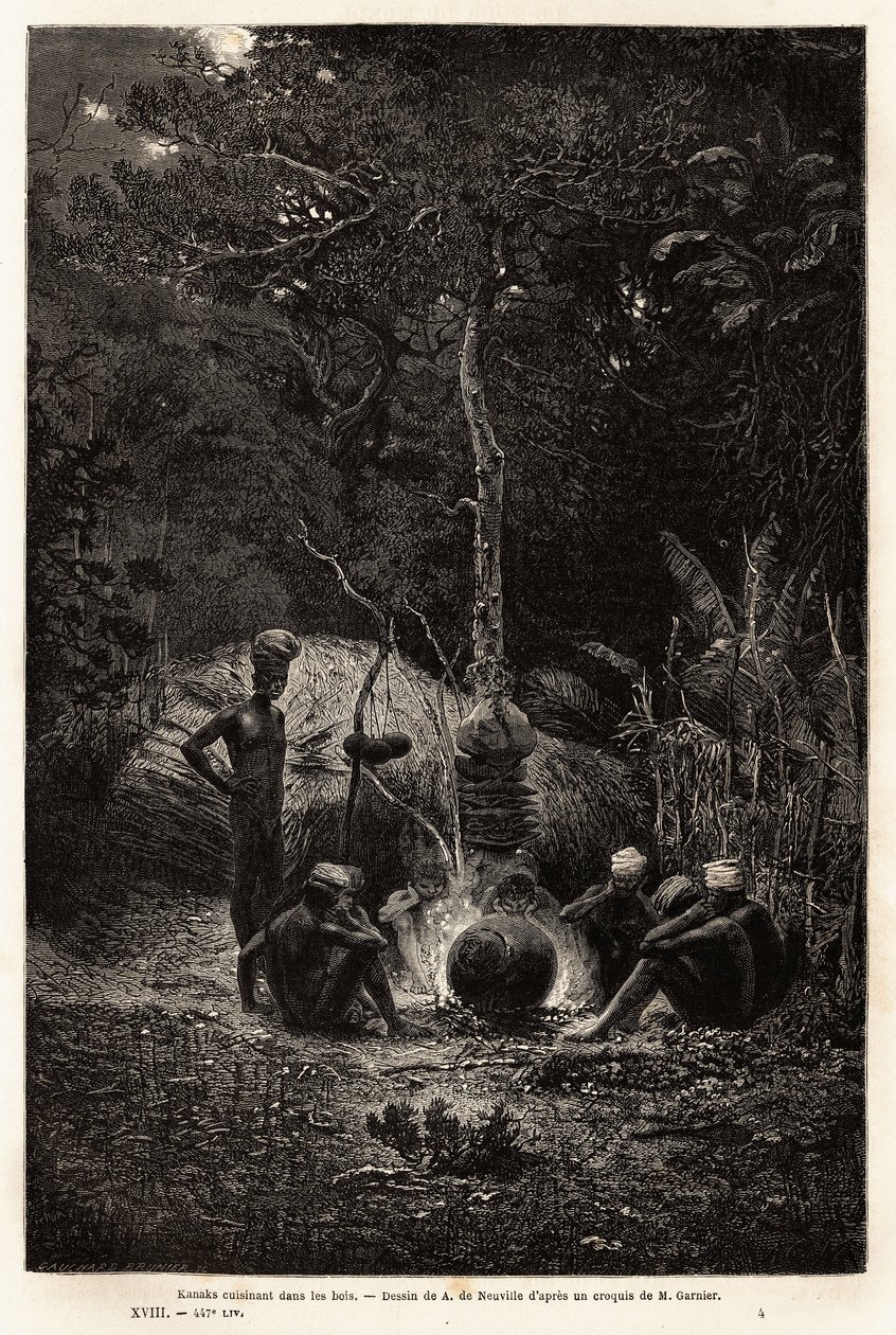 Kanaken kochen im Wald, im Gebiet von Pamale. Gravur zur Illustration der Reise nach Neukaledonien, von Jules Garnier, Bergbauingenieur, 1863-1866, veröffentlicht in „Le tour du monde, nouveau journal des voyages“, herausgegeben von Edouard Charton von Unknown artist