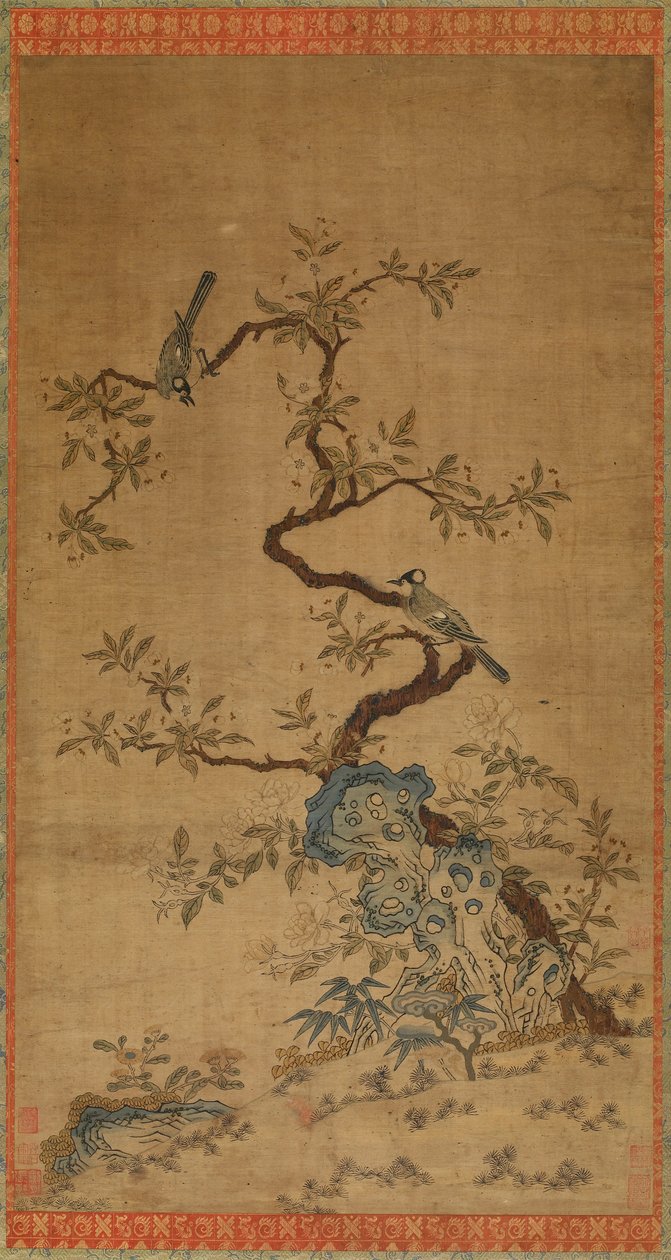 Kesi-Wandteppich mit zwei Vögeln und einem blühenden Baum von Unknown artist