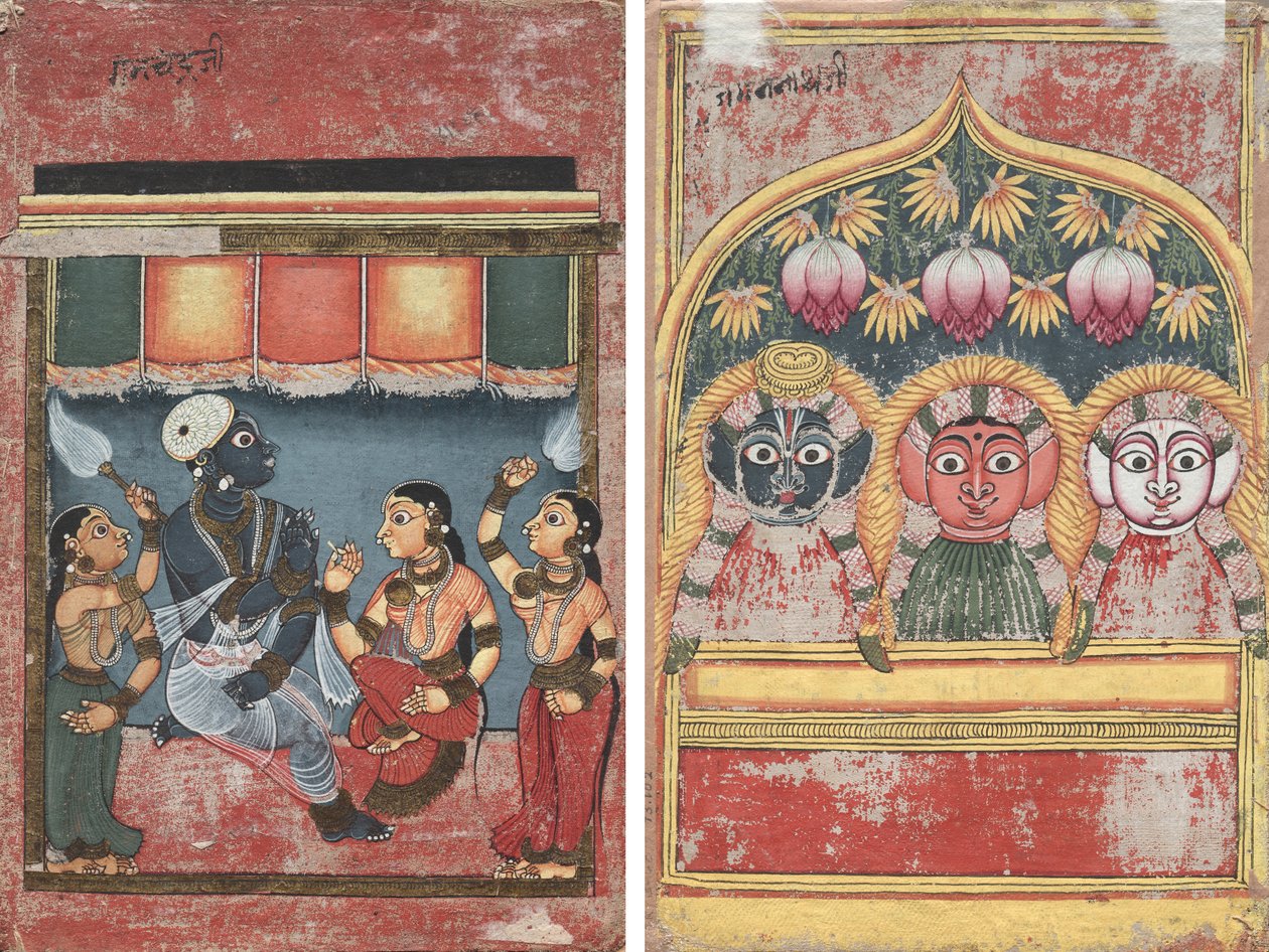 Krishna mit Radha und zwei Begleitern (recto); Jagannath, Subhadra und Balarama in einem Bogen (verso) von Unknown artist