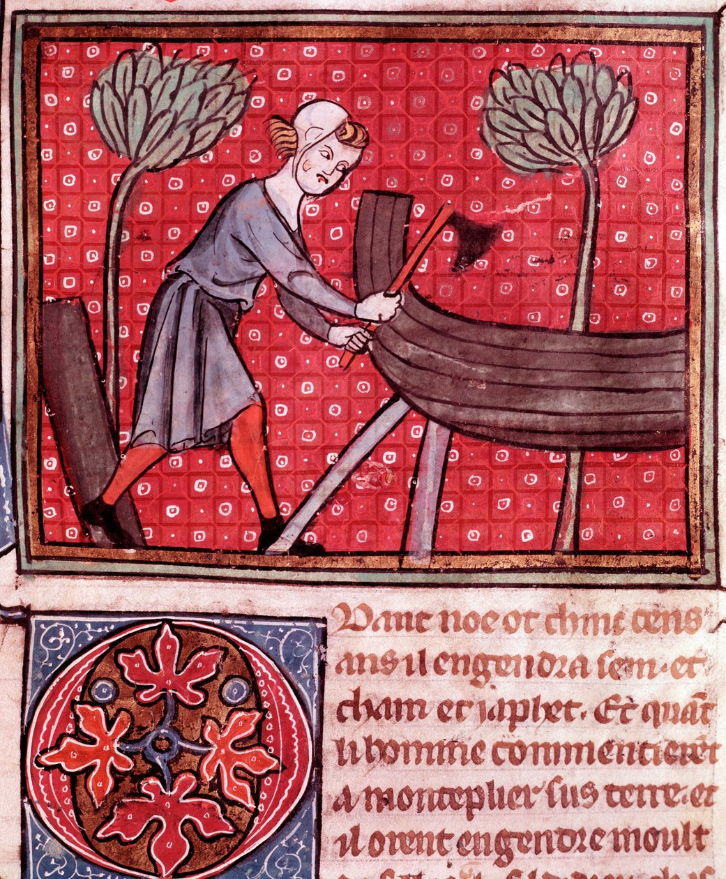 Der Bau der Arche Noah. Detail (illuminierte Seite des Manuskripts „Bible Historiale“ von Guiart Des Moulins 14. Jahrhundert) von Unknown artist