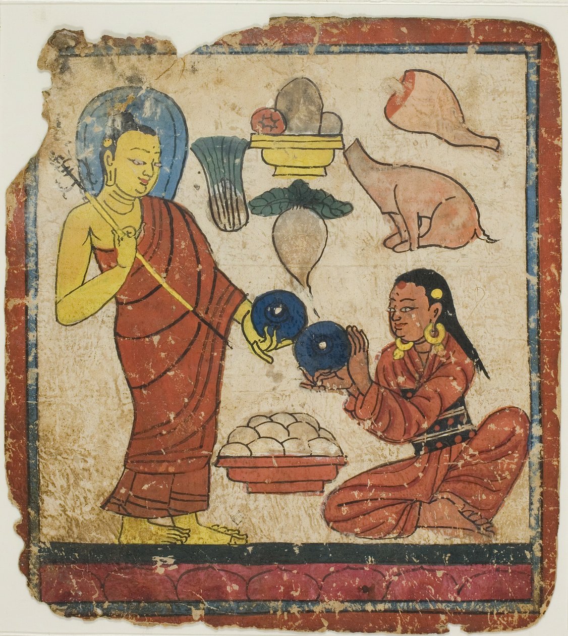 Dame bietet einem Mönch Essen an, aus einem Satz von Initiationskarten (Tsakali) von Unknown artist