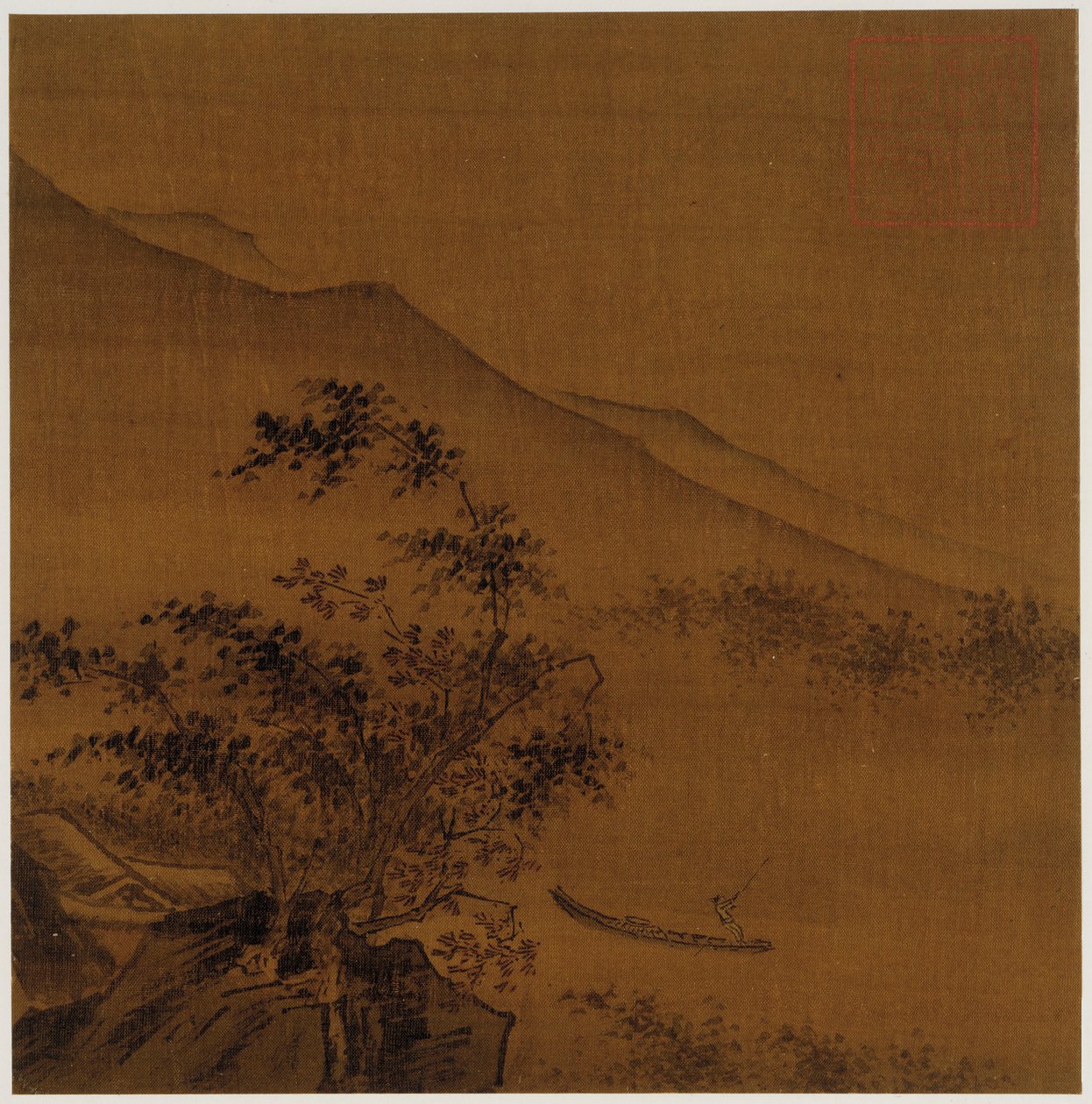 Landschaft: Hänge, Felsen, Bäume, Haus und ein Boot von Unknown artist