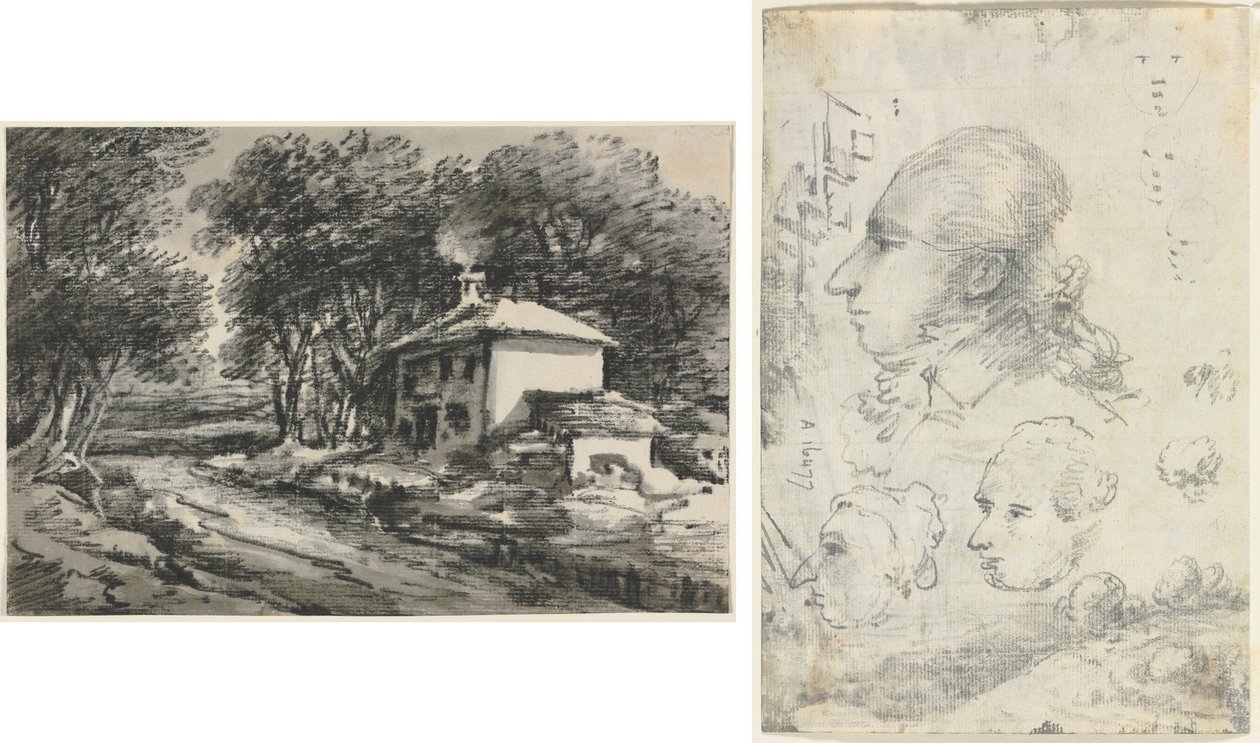 Landschaft mit Hütte (recto); Studien von Köpfen (verso) von Unknown artist