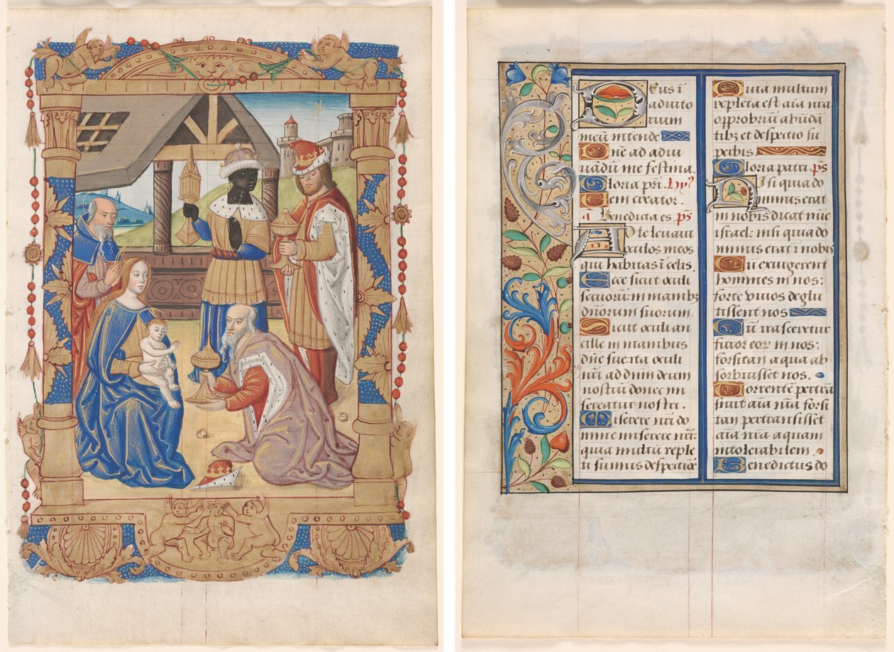 Blatt aus einem Stundenbuch: Anbetung der Könige (recto) und Text mit illustriertem Rand (verso) (3 von 3 ausgeschnittenen Blättern) von Unknown artist