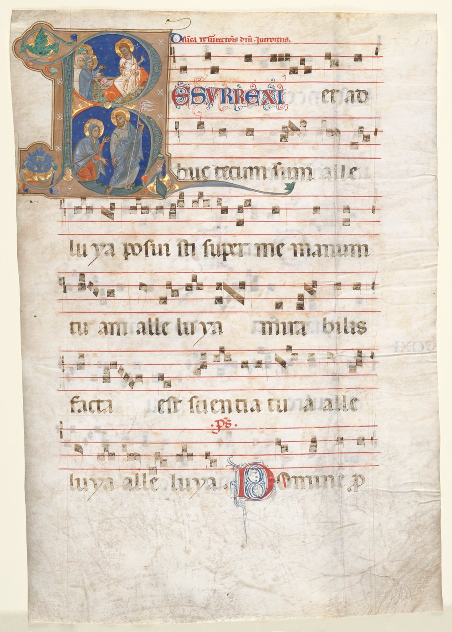 Blatt aus einem Graduale: Initiale (R) mit den drei Marien am Grab und "Noli me Tangere" von Unknown artist