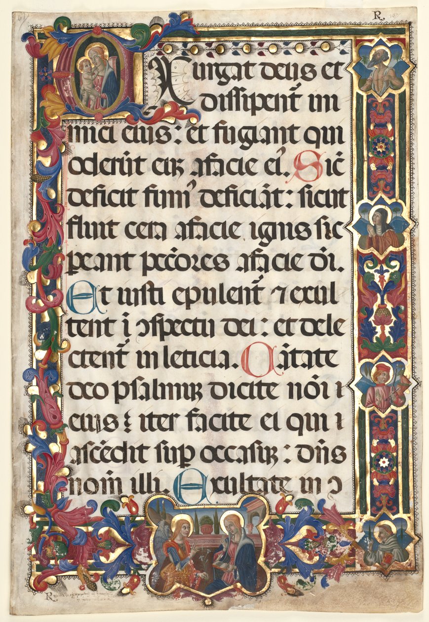 Blatt aus einem Psalter mit vollem Rand mit Medaillons (Verkündigung, SS. Hieronymus, Klara, Sebastian und Bernhardin) und historisierter Initiale (E): Jungfrau und Kind von Unknown artist