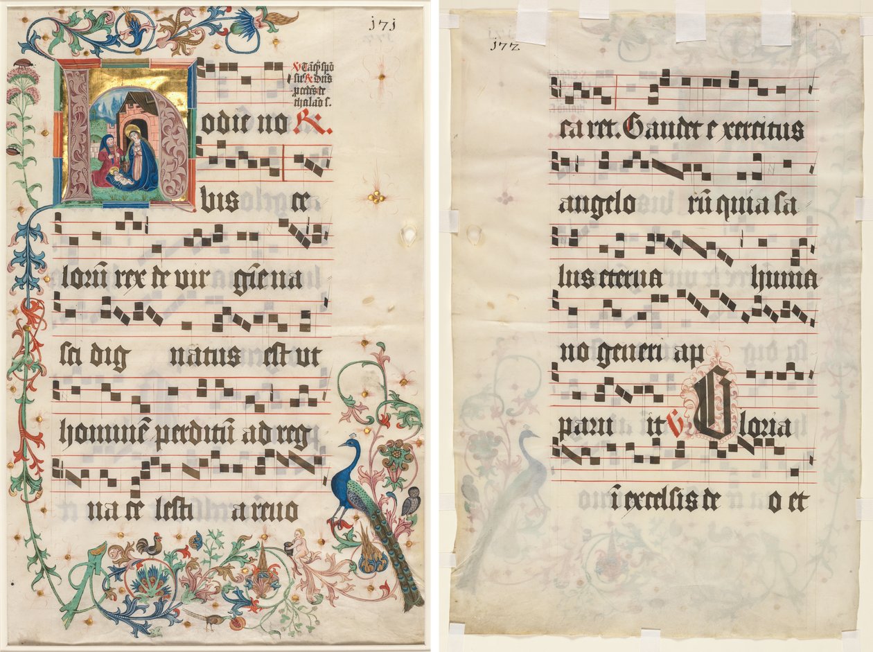 Blatt aus einem Antiphonar: Initiale H mit der Geburt Christi (recto) und Text (verso) von Unknown artist