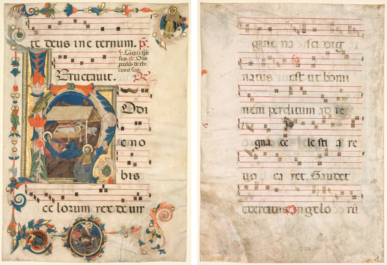 Blatt aus einem Antiphonar mit illustrierter Initiale (H) mit der Geburt Christi (recto) und Musik (verso) von Unknown artist