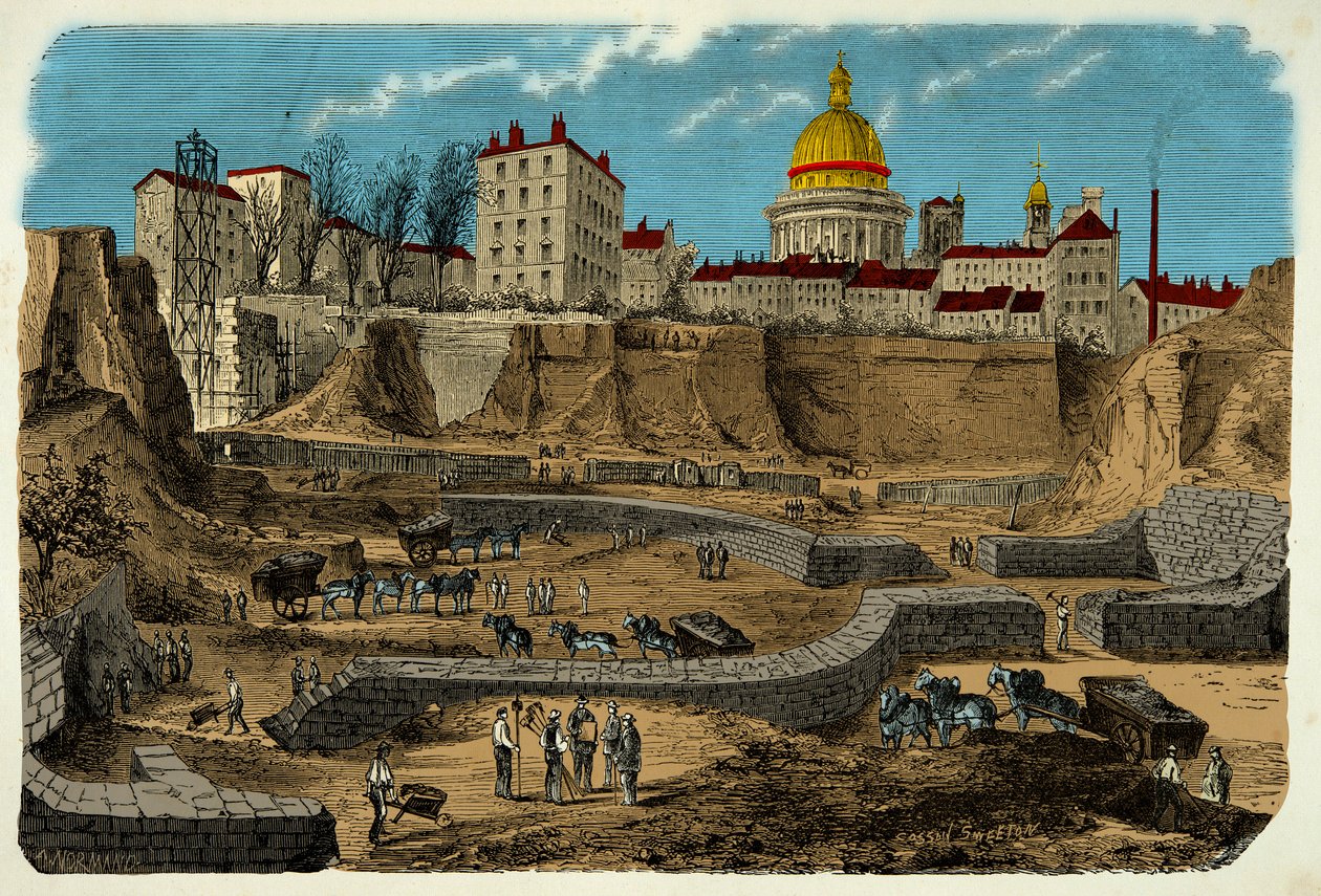 Lage des gallo-römischen Zirkus aus dem 2. Jahrhundert v. Chr., entdeckt 1870 während der Bohrung der Rue Monge in Paris, Gravur 19. Jahrhundert von Unknown artist