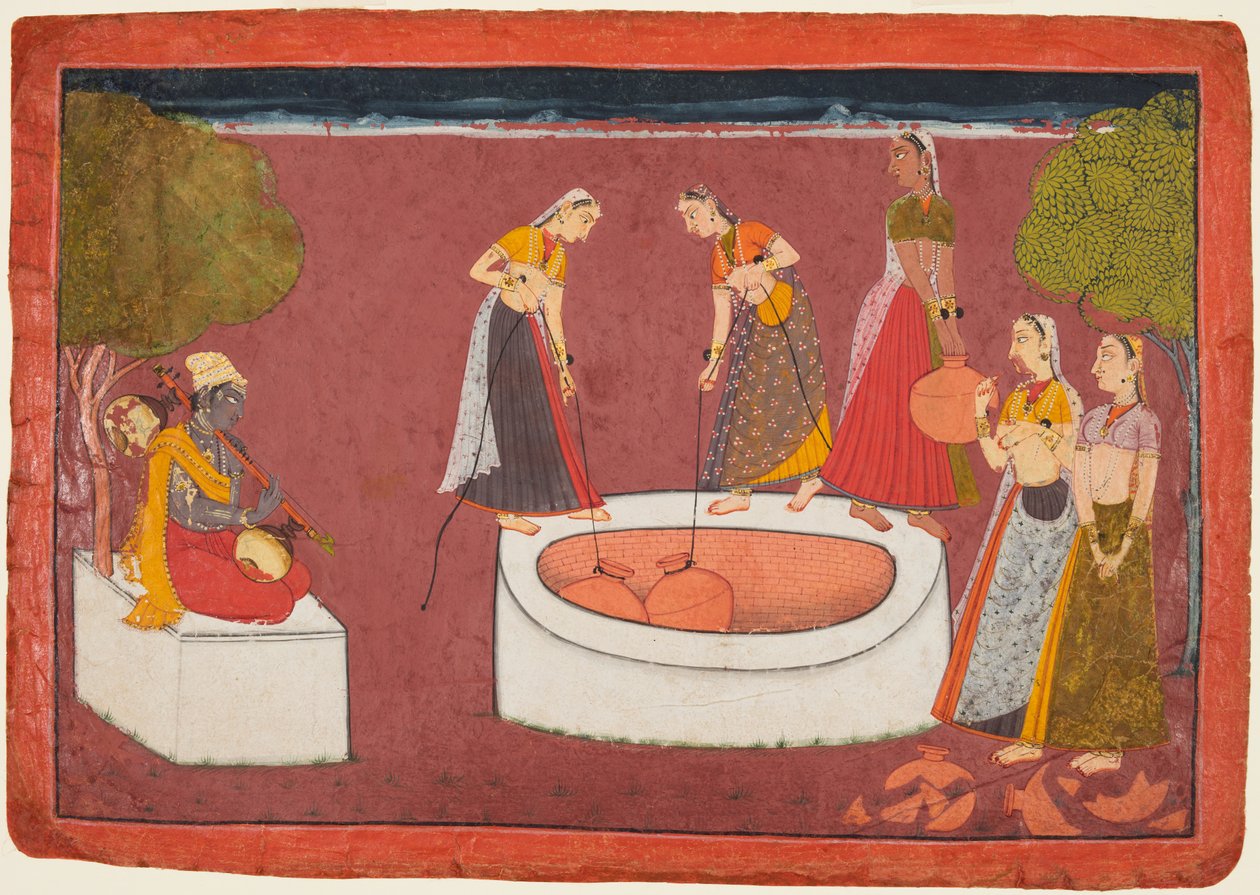 Madhava spielt seine Vina vor fünf Frauen, die Wasser aus einem Brunnen schöpfen, aus einer Madhavanala Kamakandala von Unknown artist