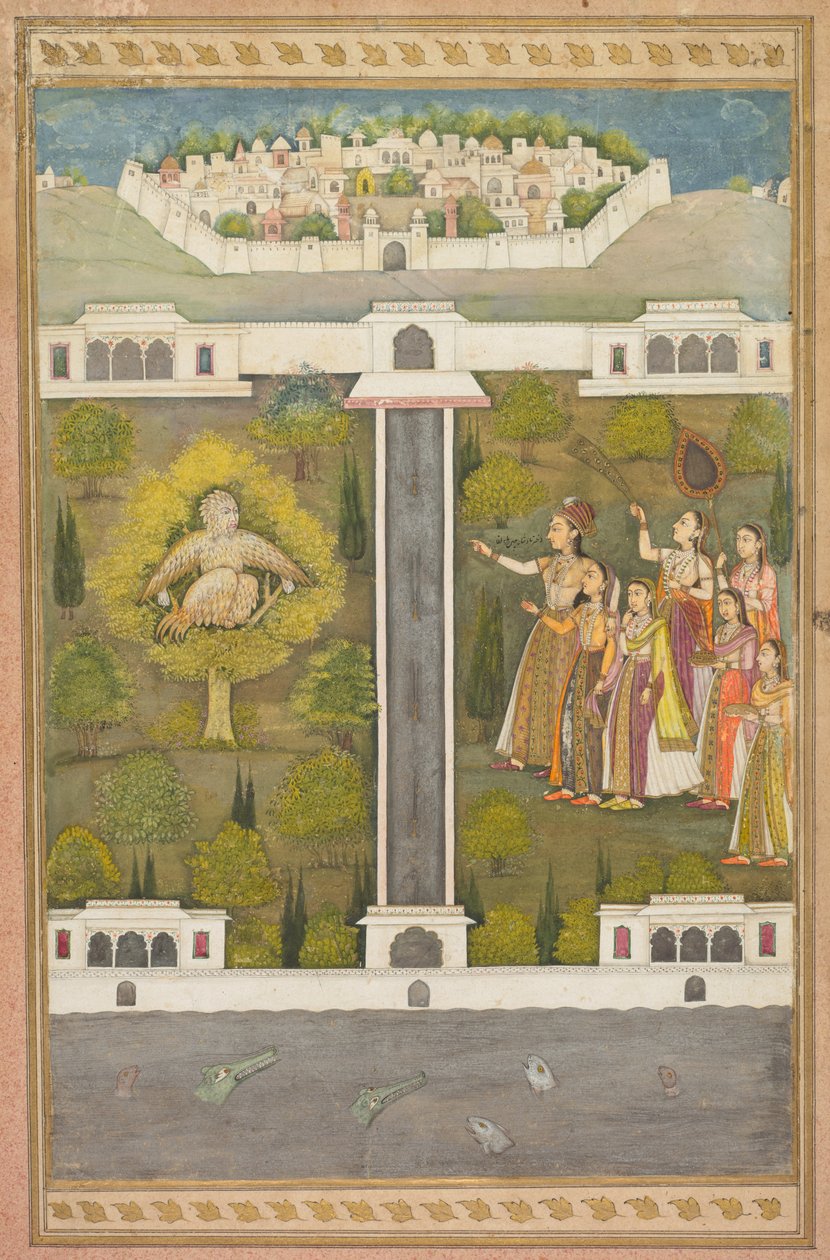Mahliqa, Tochter des Kaisers von China, zeigt auf den Vogelmann Khwaja Mubarak: Ein Blatt aus einer poetischen Romanze über Shah Alam I (verso); Schablonierte Szenen von Löwe und Gazelle (verso) von Unknown artist