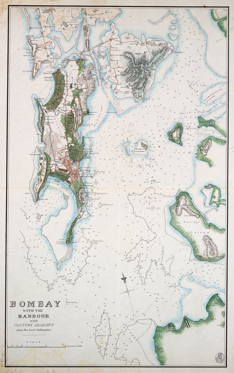 Karte von Bombay mit dem Hafen und dem angrenzenden Land, auch gezeigt Arabisches Meer und Persischer Golf, ca. 1855 von Unknown artist