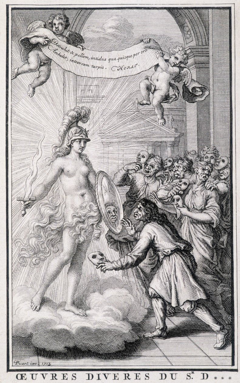 Männer betrachten sich ohne ihre Masken vor dem Spiegel der Allegorie der Wahrheit. Kupferstich des 18. Jahrhunderts. von Unknown artist