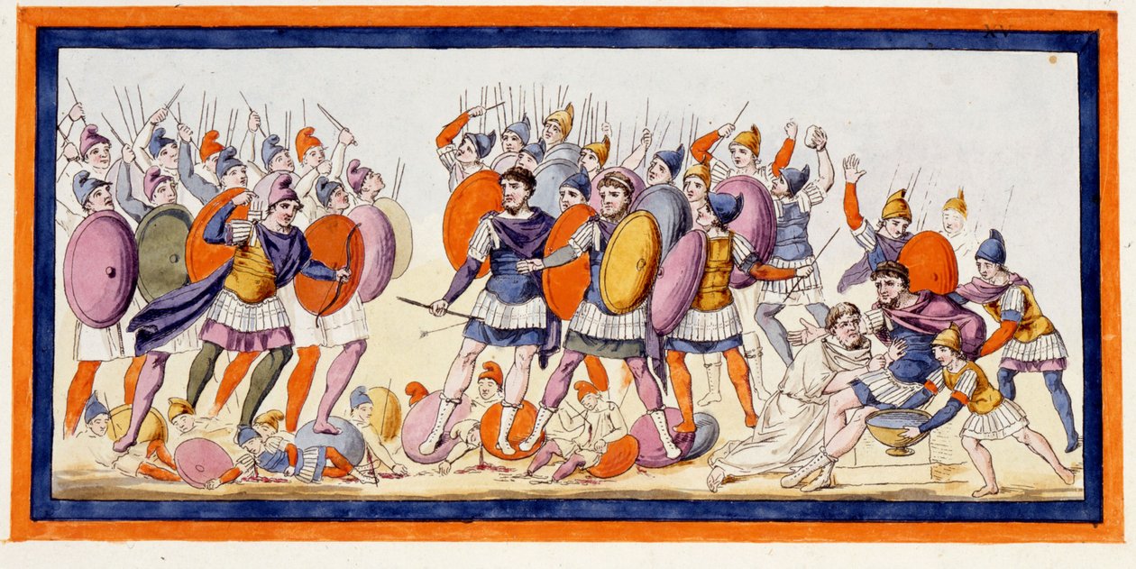 Menelaos (rechts), ein griechischer Krieger, wurde gerade von einem Pfeil eines Verbündeten der Trojaner verwundet. Die Ilias, Gesang IV. Gravur aus dem späten 18. Jahrhundert von Unknown artist