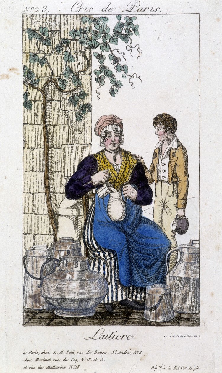 Milchmädchen gießt Milch in eine Flasche für einen jungen Mann - in „Cris de Paris“, Anfang 19. Jahrhundert von Unknown artist