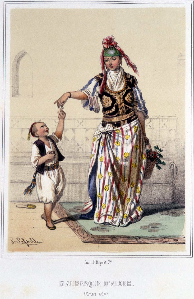 Maurische Frau begleitet von einem Kind zu Hause in Algier in der zweiten Hälfte des 19. Jahrhunderts. von Unknown artist