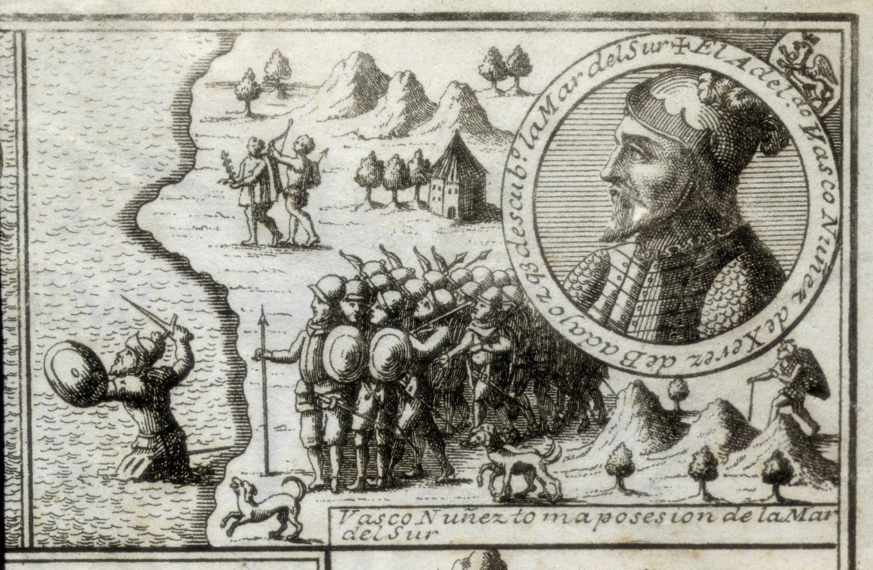 NUNEZ DE BALBOA, Vasco (1475-1517). Englischer Entdecker und Eroberer. Spanien. Spanische Kolonisation (1513). Vasco Nunez nimmt Besitz vom Südmeer. Bild von 1728. Gravur. von Unknown artist