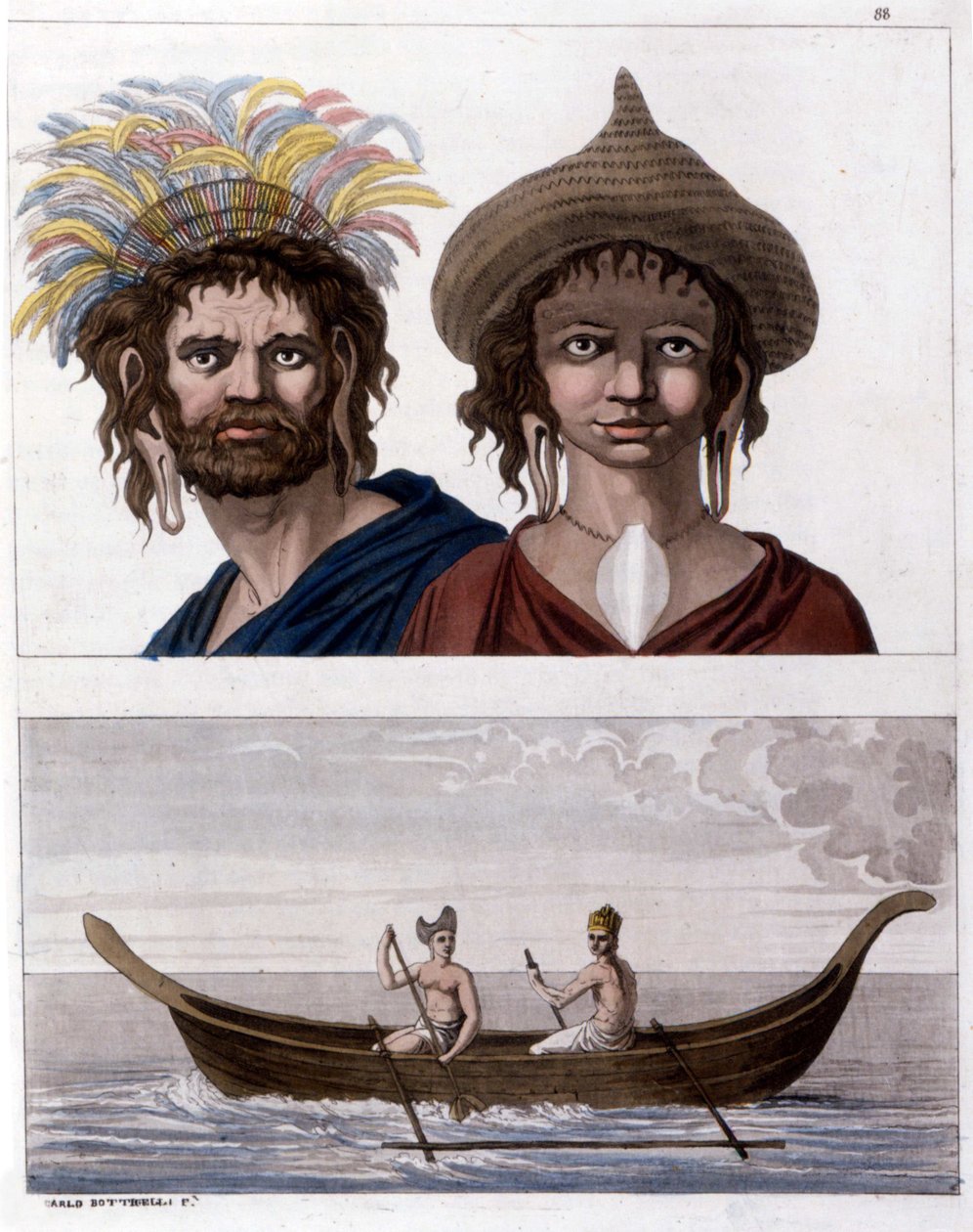 Einheimische von Osterinsel (Rapa Nui) in Polynesien, Mitglieder des Langohren-Clans. Unten eines ihrer Boote. - in „Das alte und moderne Kostüm“ von Jules Ferrario von Unknown artist